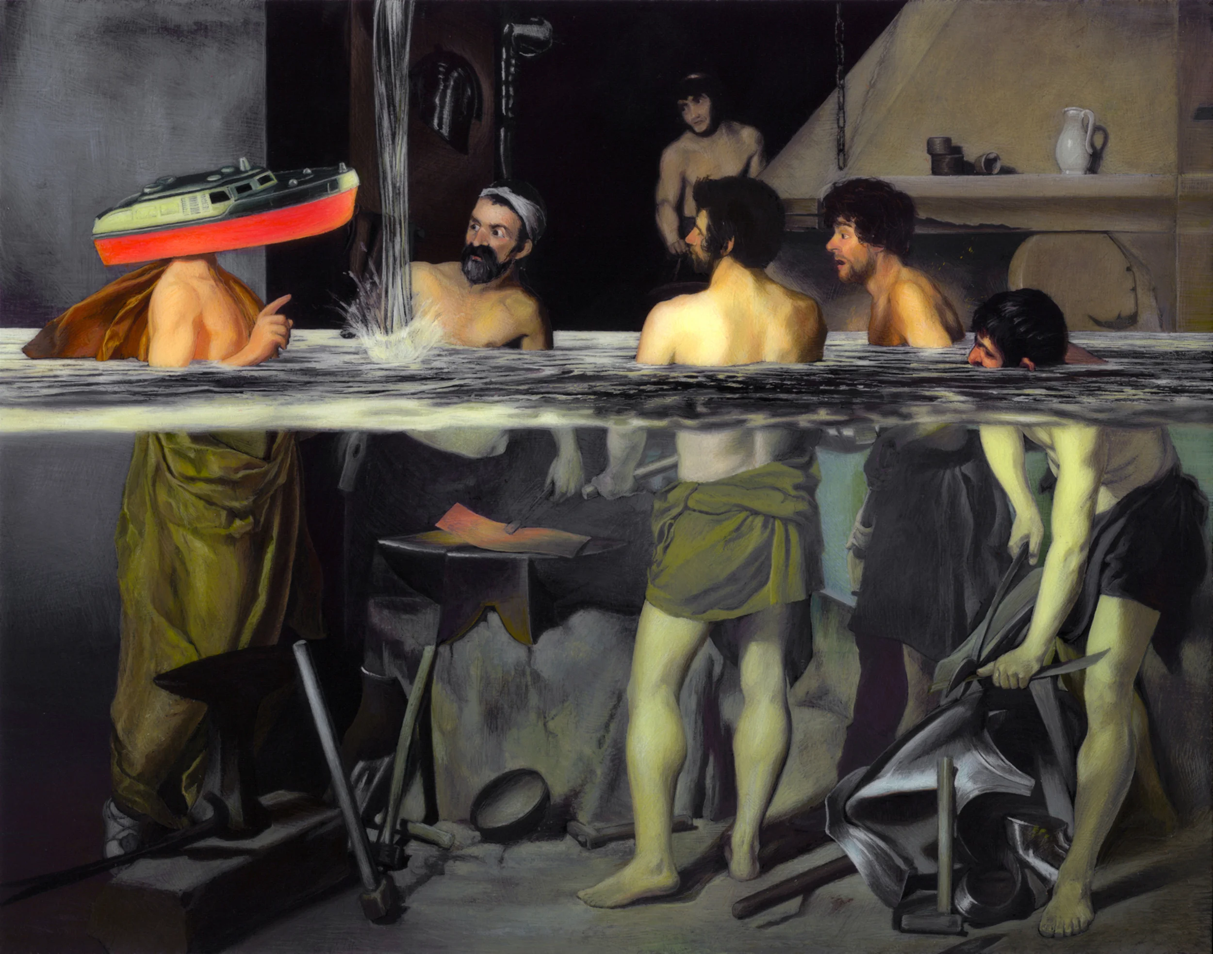 Only One Prepared for the Leak. 2013. Acrylic on Panel. 6 by 7.625 inches. After Diego Velazquez's Apollo in the Forge of Vulcan