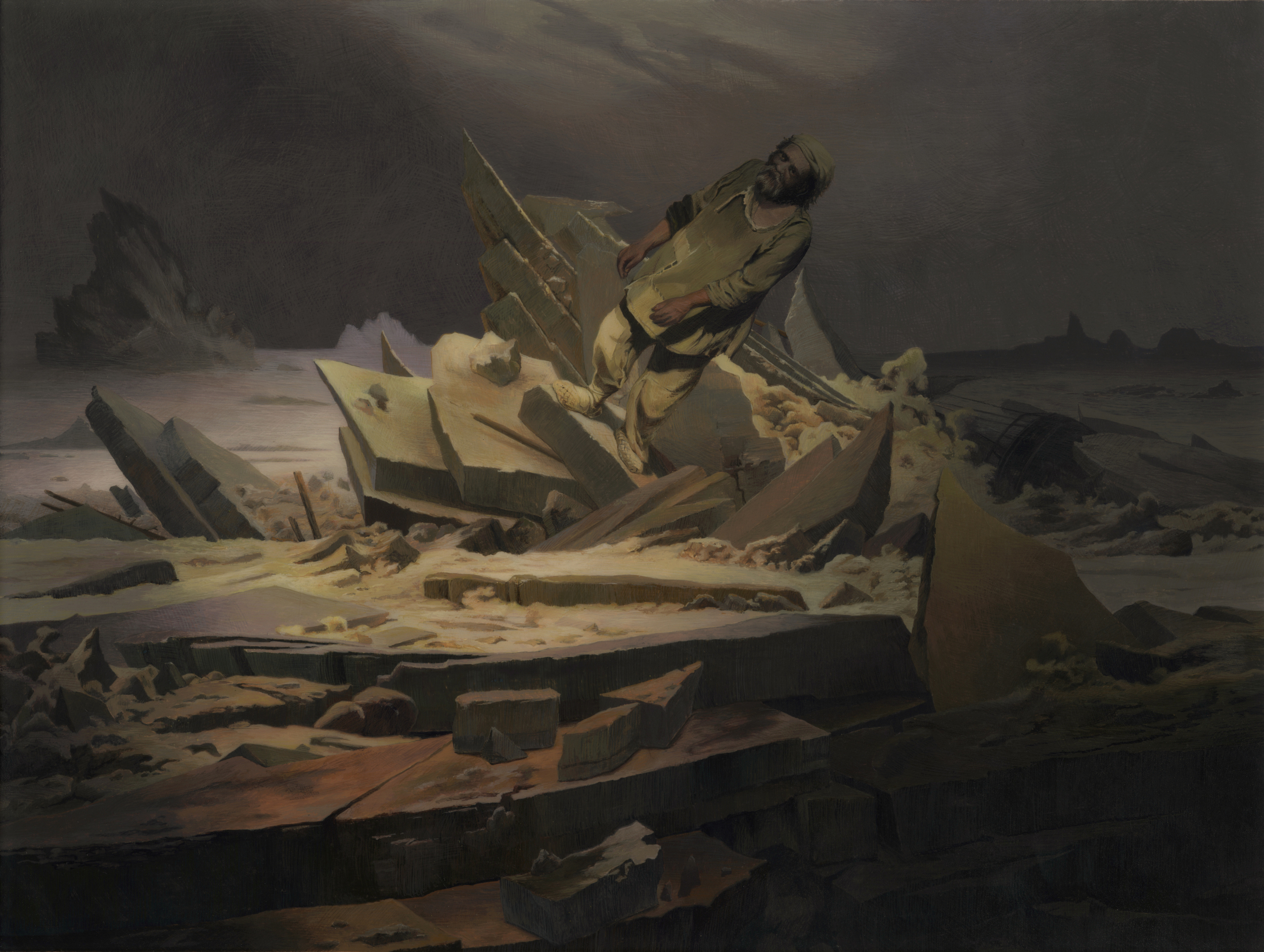 Waiting for the Inevitable. 2014. Acrylic on Panel. 9 by 11.9 inches. After Caspar David Friedrich's The Sea of Ice and Ilya Repin's Barge Haulers on the River Volga