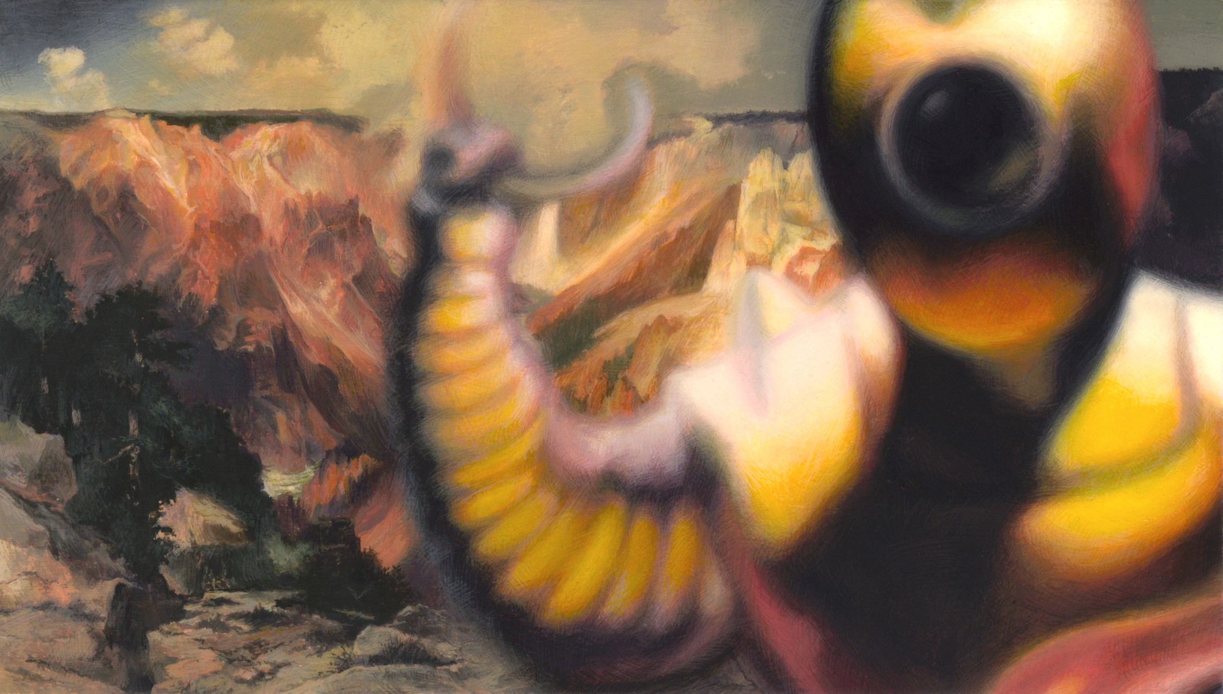 All You Want to See. 2013. Acrylic on Panel. 3.4 by 6 inches. After Thomas Moran’s Grand Canyon of the Yellowstone River and an illustration by Ed Valigursky
