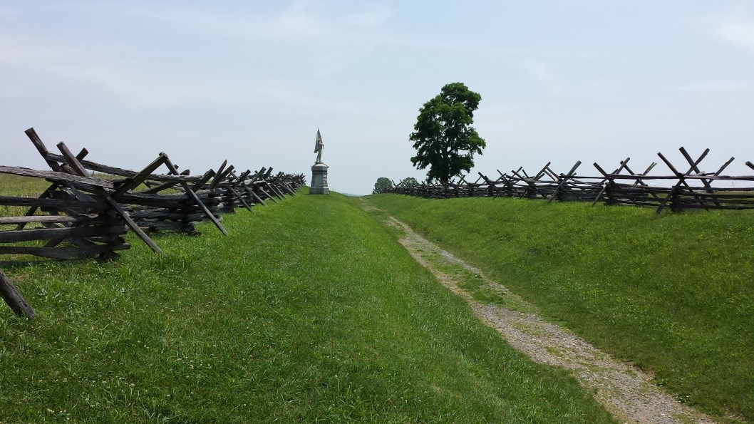 Above: Looking south along the sunken farm road. Union regiments advanced from the left