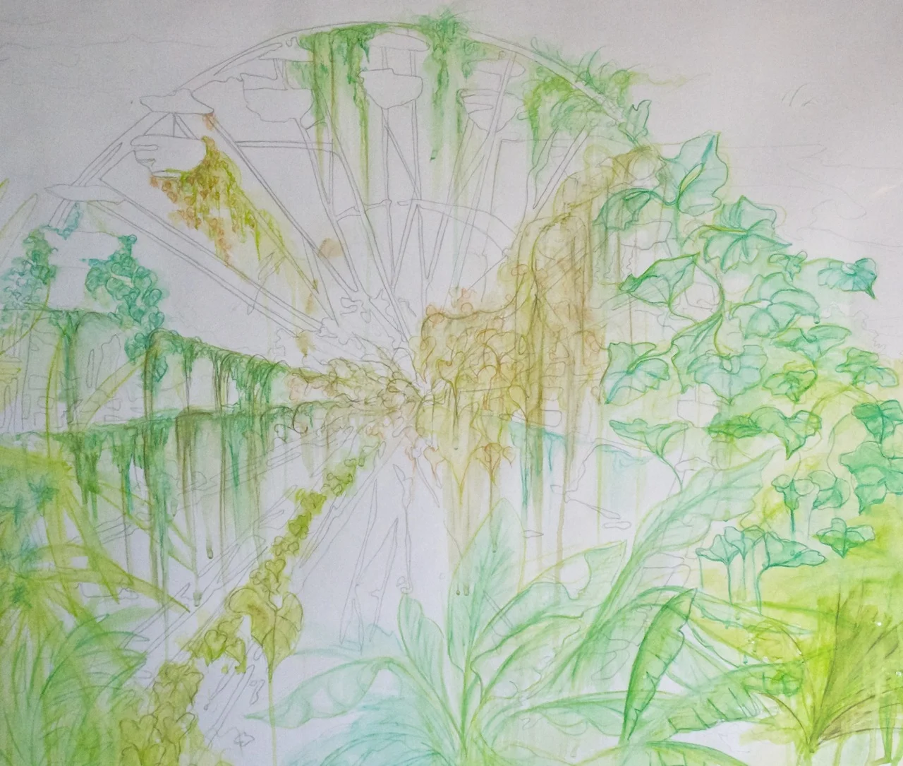  Urban Green: Water front Farris-Wheel Graphite and watercolor pencil on paper