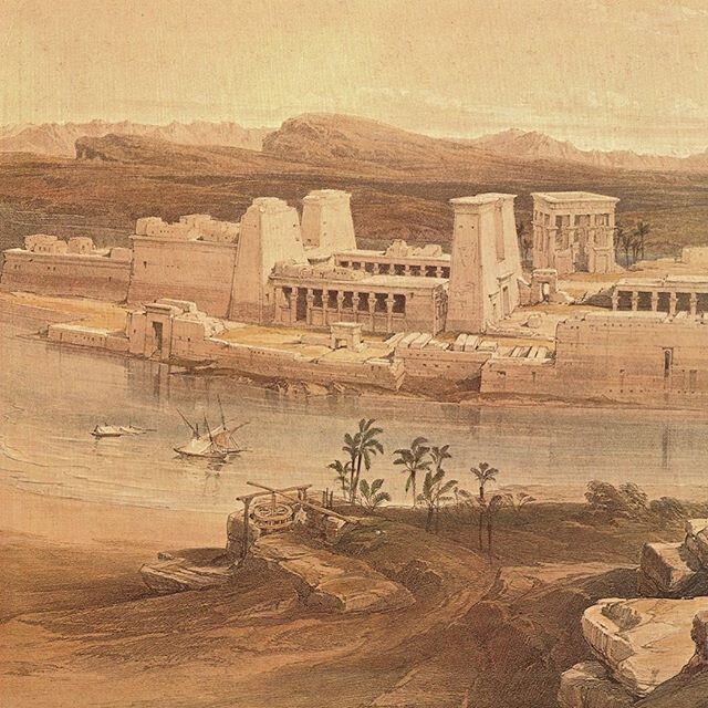Philae Temple of the Goddesses Isis 𓆸𓁧𓁥𓆃.  Print depicting the temple in the 1850&rsquo;s. The site before the temple was moved to its current location.  This sacred temple to the mother goddesses is filled with sorrow as it&rsquo;s the LAST Egyp