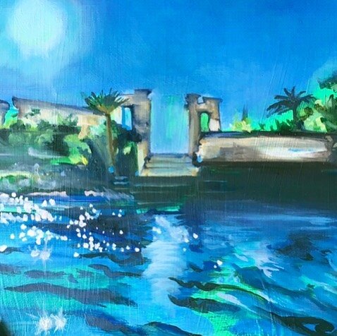 Philae Temple to the Goddesses Isis 𓆸𓁧𓁥𓆃.  A painting based off a photograph that @lara.nickel took from the boat! I love a blurry photo! 𓅋𓅒𓅋.  This sacred temple to the mother goddesses is filled with sorrow as it&rsquo;s the LAST Egyptian te