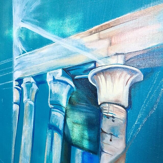 In progress. Ancient pillars. All elements in Egypt emerge from turquoise and sunlight. 𓊑𓉱𓊑.  #studiotime #inprogress #turquoise #lotuscolum #sacredegypt #ancientegypt #whitelight #oilpainting #spraypaint #arteveryday