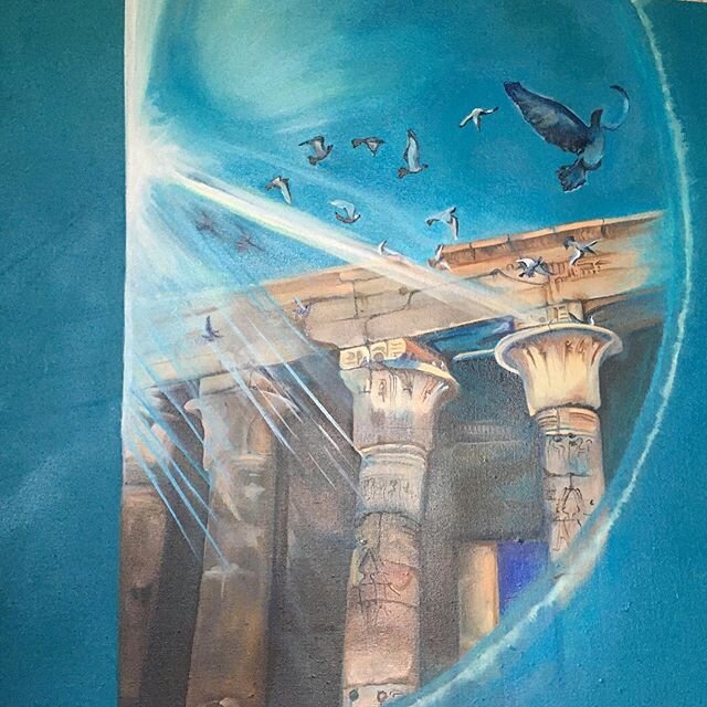 The Pigeon triumphant! Or the scared Egyptian pigeon! Or Birds of Habu! 𓅅𓅋𓅅.  #turquoise #sunstreaks #lensflare #pigeondynasty #holydove #egyptiancollection #oilpainting #studiotime #iconart #columns #egyptianarcitecture