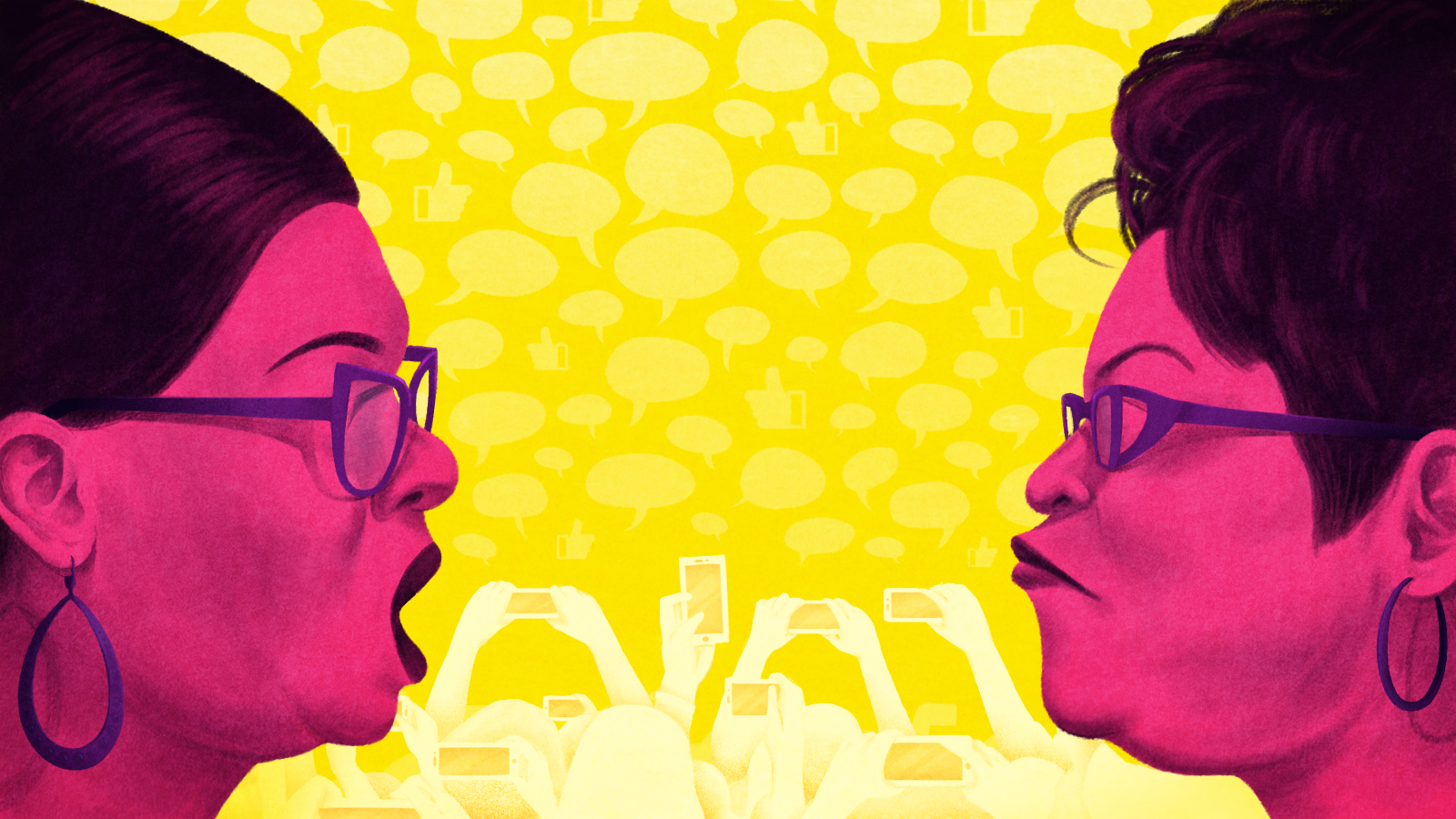 Editorial illustration for Mic , an account by Chauncey Alcorn on his experience attending a Diamond and Silk event. (2018)
