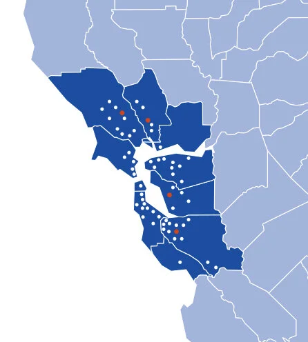 Red dots = M-Group offices, white dots = client cities.