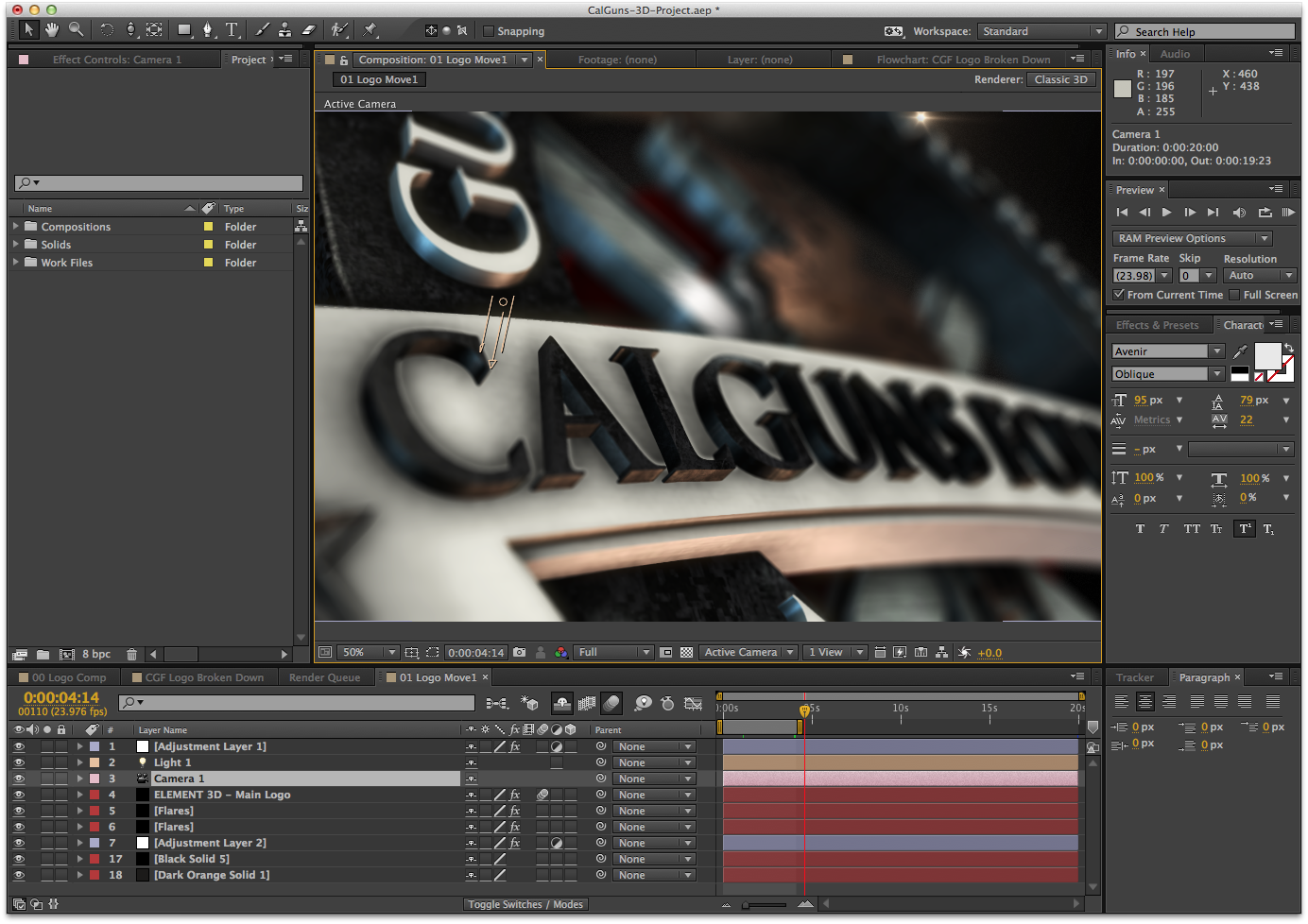 Adding camera moves, lighting, and depth-of-field to give the logo mass and realism.
