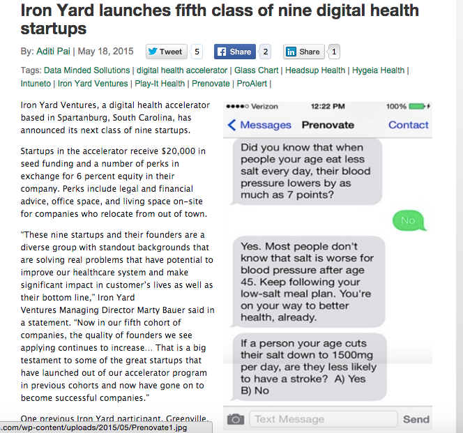 http://mobihealthnews.com/43591/iron-yard-launches-fifth-class-of-nine-digital-health-startups/ EXCERPT FROM MOBIHEALTH , BY ADITI PAI