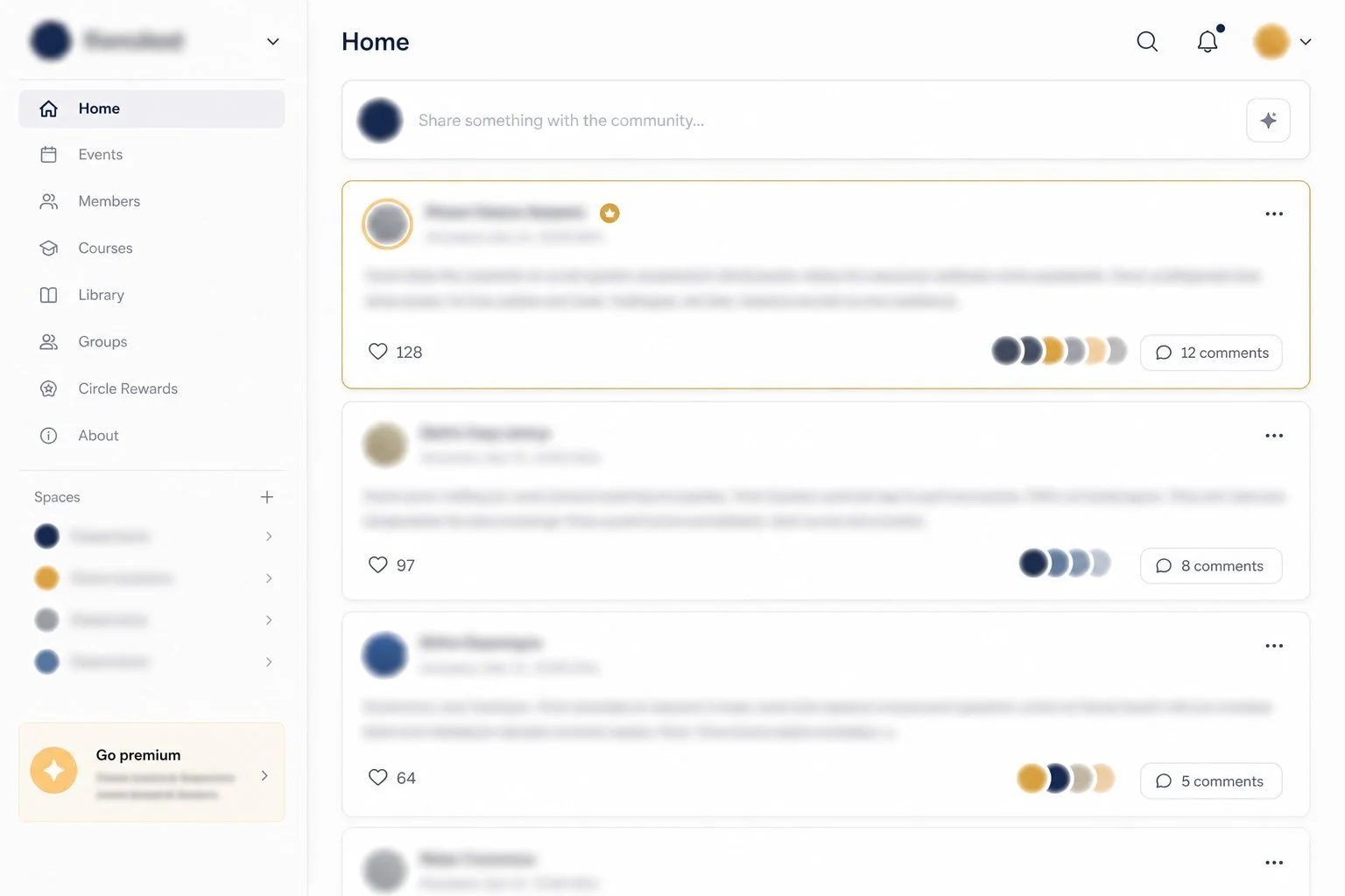 Community feed with member details blurred