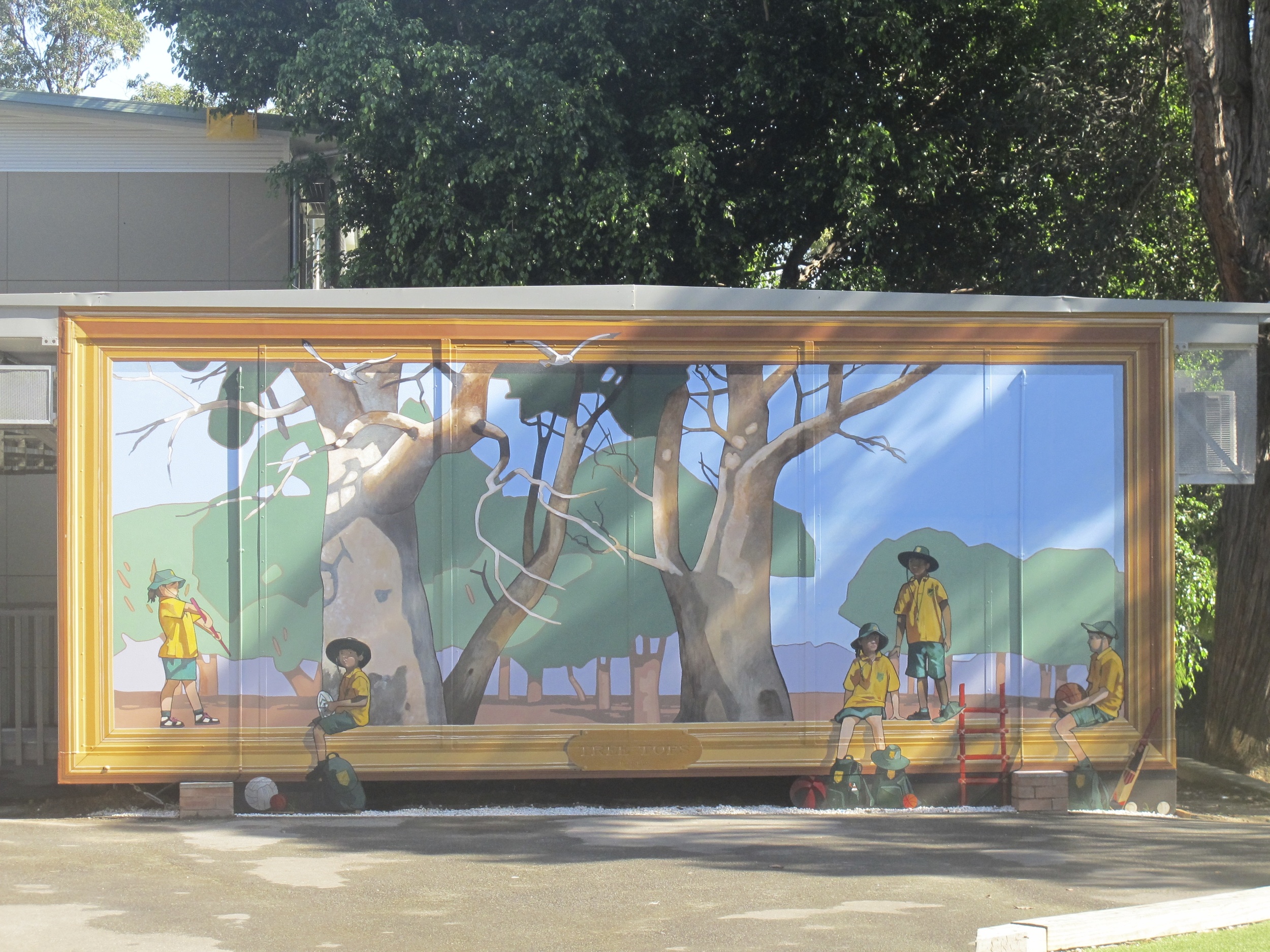 Hugues had the great pleasure to work on three individual murals for Cammeray Public School in 2014. Abstract After Paul Klee was a piece painted along the balcony of a classroom building, and runs 20 metres in length. Inspired by artist Paul Klee, the work features a lively and colourful geometric pattern, breaking up the brick and concrete exterior. Two demountable classes were each painted with their own distinctive imagery. One sports a framed landscape with uniformed students clambering about inside, while the other is a mural of the alphabet with Australian animals representing each of the letters.