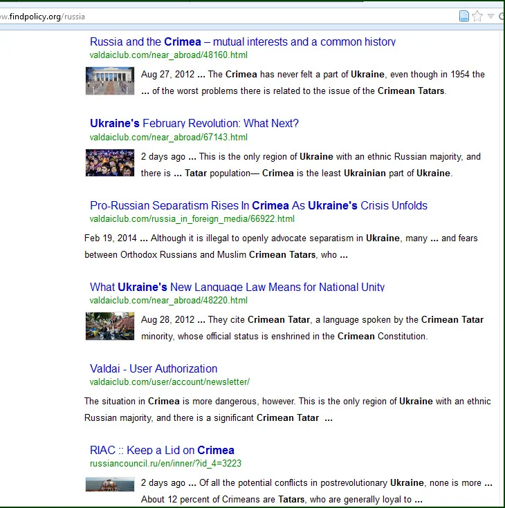 Screenshot of search for Crimea Ukraine Tatars. As usual, make your search as specific as possible. 