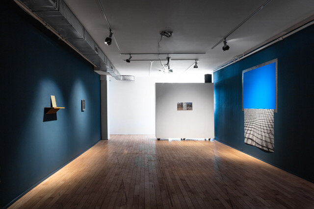 Installation view of Untill Vulcans net inclose them both , Iron and Copper Ensnared on Steel , Carpathian-Andean Alloy (back wall), and Celestial Dew Trap.