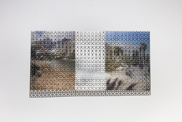 Carpathian-Andean Alloy, 2019, UV digital print on lattice steel, digital print on adhesive recycled poly-linen, 12” x 24” x 1.5”. Images: The Tatra Mountains, Slovakia, 2013 and La Campana Mountain, Chile, 2016 Note: The photos of mountains a