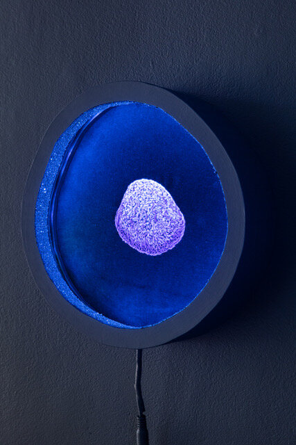 Behold, the Net! , 2019 Embroidery floss on synthetic velvet, MDF, iron oxide, LEDs H 10” x W 10.25” x D 2.25” Note: An embroidered reproduction of an alchemical recipe produced by William R. Newman at Indi¬ana University Bloomington. To make t