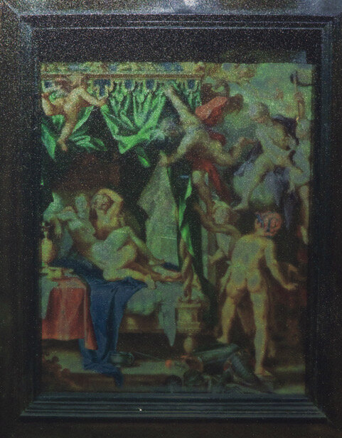 Iron and Copper Ensnared on Steel (detail), 2019, UV print on stainless steel H 13” x W 10.5” x D 1.5” Image: photo of painting by Joachim Wtewael, Mars and Venus Surprised by Vulcan, 1604-1608, oil on copper, 8” x 6”, Collection of J. Paul Getty
