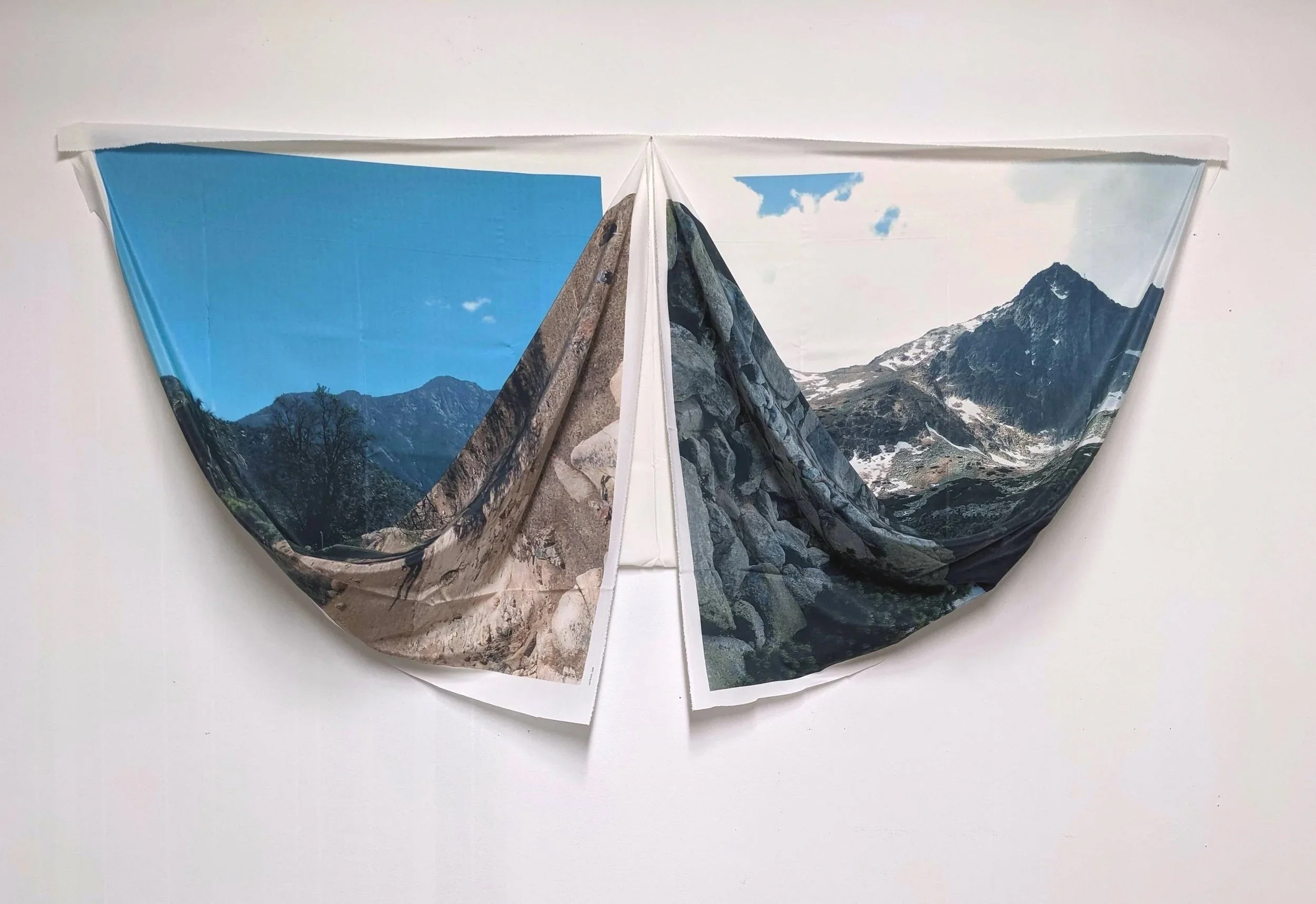  Pinned Landscape 3, 2021, digital print on silk, pins, W 74” x H 43” x D 5”&nbsp; 