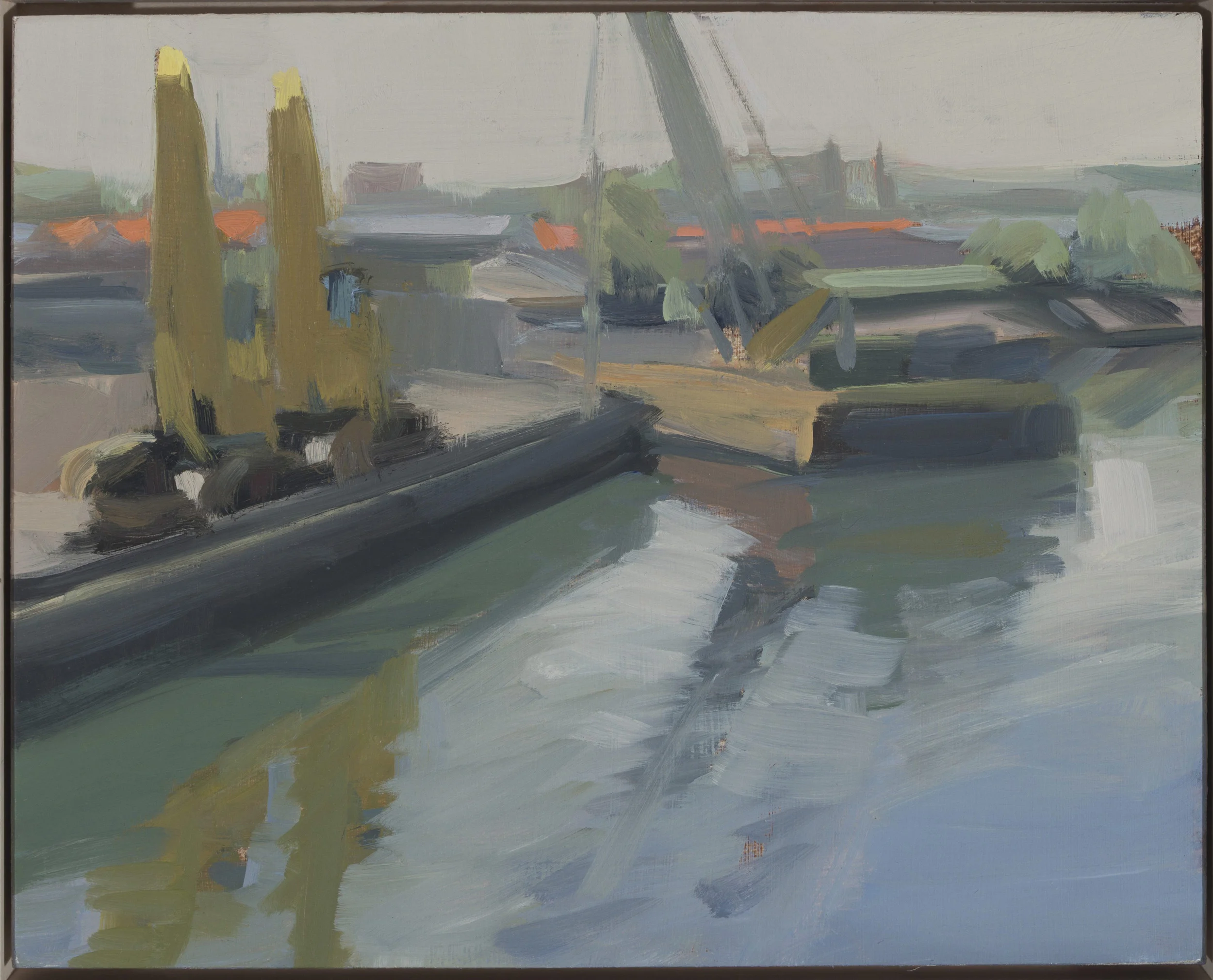   Barge and Cranes , 2013  oil on panel  8" x 10"  &nbsp; 