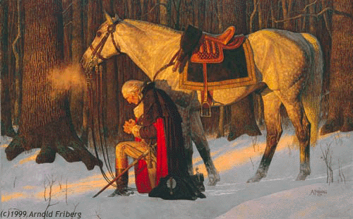 George Washington in "The Prayer at Valley Forge" by Arnold Friberg. A print of this painting hangs on the staircase to the Upper School at The Imago School