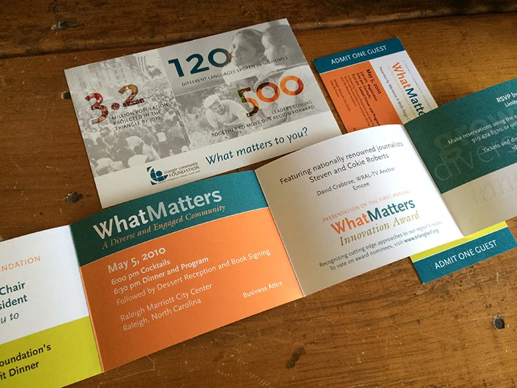 Marketing postcards, pamphlets, and invitations for the Triangle Community Foundation sub-brand
