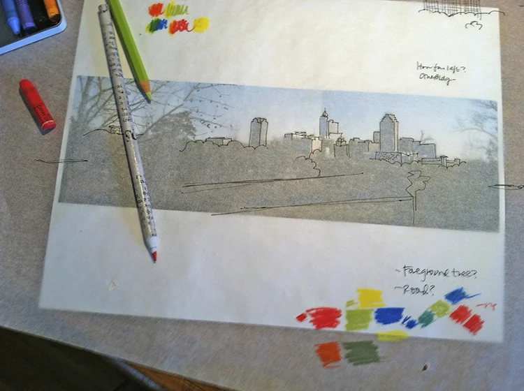 Sketching process for the yellowDog Raleigh Skyline print