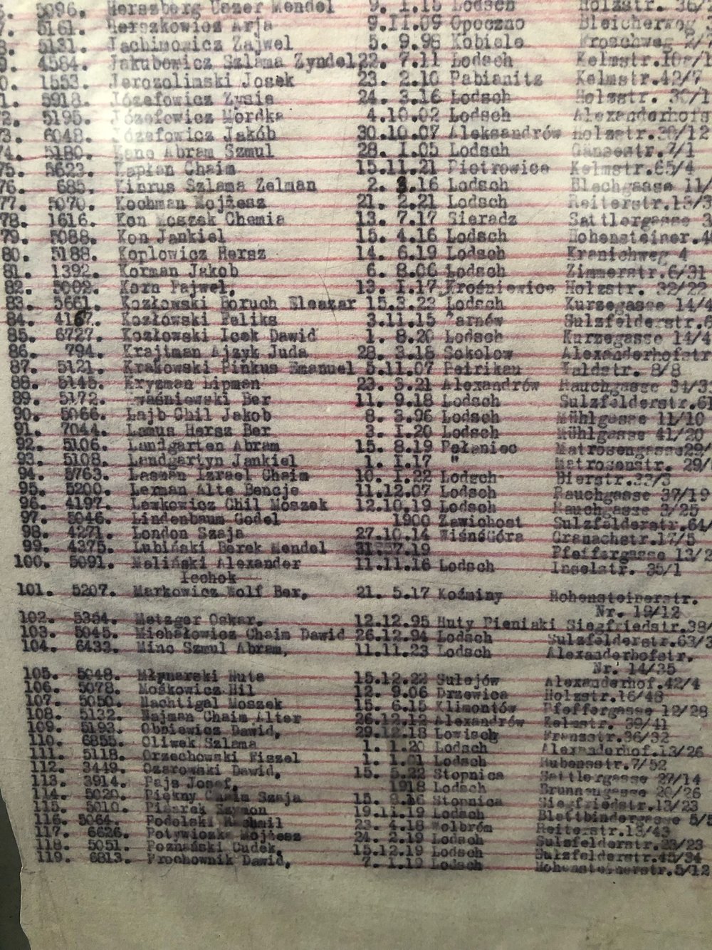  Typed list of names. The lists represent deportation lists of people to be sent to their death from the Łódź Ghetto.&nbsp; 