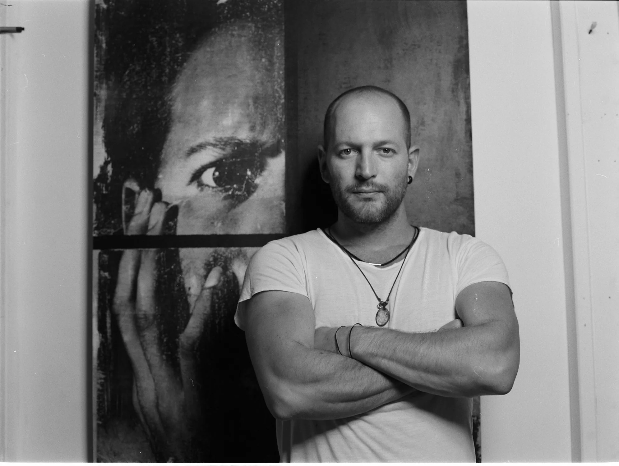 Mauro standing in fron of his self portrait. He taught me ALL I KNOW about medium format film. Thank you pal! 