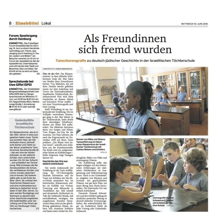 Public Performances of Klasse: Getanzte Zeitspuren (Class: Danced Traces in Time) with students at the Ida Ehre Schule make local news in Hamburg, Germany.