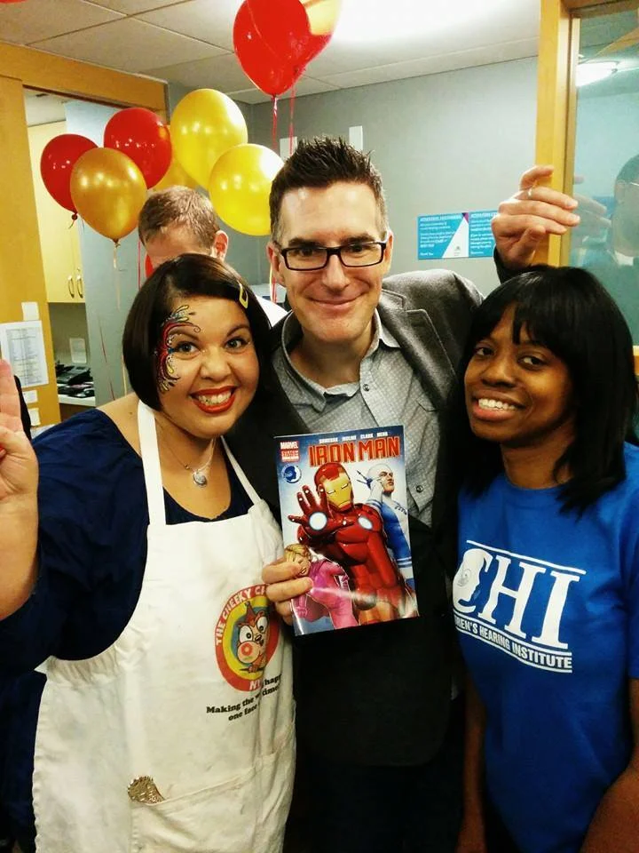 The Cheeky Chipmunk had the tremendous honor of being asked to paint for the world debut of Marvel's newest superhero, SAPHEARA! The world's first comic book hero with cochlear implants! The Children's Hearing Institute, in collaboration with Marvel Comics, brought this amazing story to life. Here she is with Marvel editor Bill Rosemann and CHI's Development Associate Myrna Farrell at the comic book launch. These kids were amazing. It was one of the best days of her life! Her deepest gratitude goes out to Marvel and The Children's Institute for inviting her to this wonderful event.