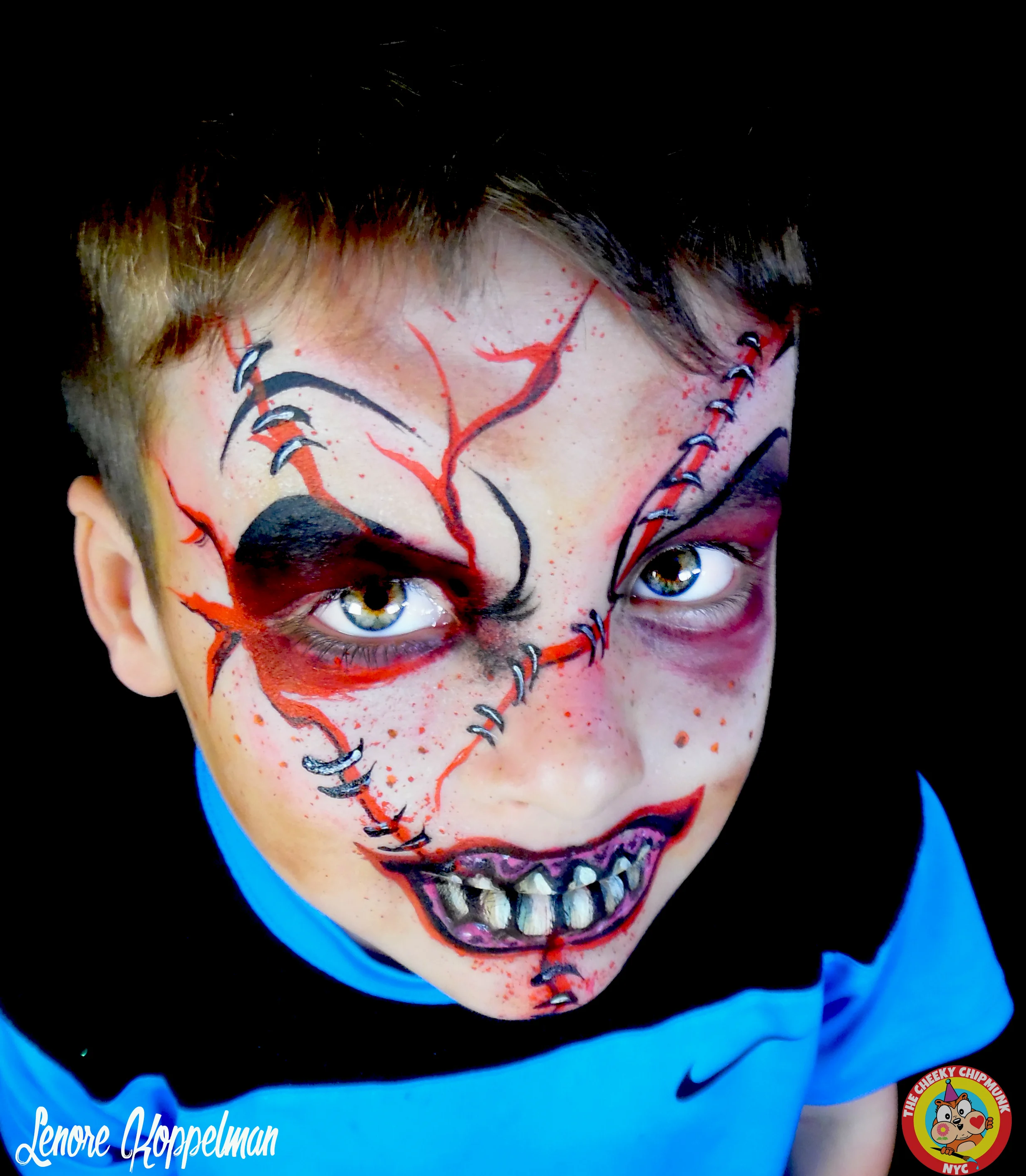Baseball Monster face painting by Lenore Koppelman aka "The Cheeky Chipmunk" in NYC