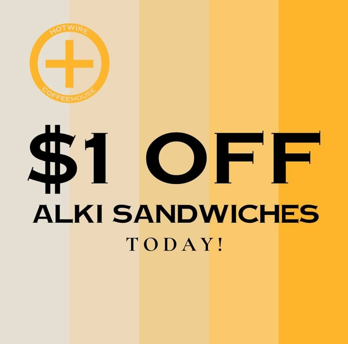 Enjoy $1 OFF @alkibakery sandwiches today at Hotwire Coffeehouse! ➕ ☕️ 

Alki sandwiches on the menu:
🥪 Ham, Egg &amp; Cheese
🥪 Sriracha, Bacon &amp; Cheese
🥪 Pretzel Roll
🥪 Grilled Cheese

It&rsquo;s a sandwich for breakfast kind of day! 🥪 

#h