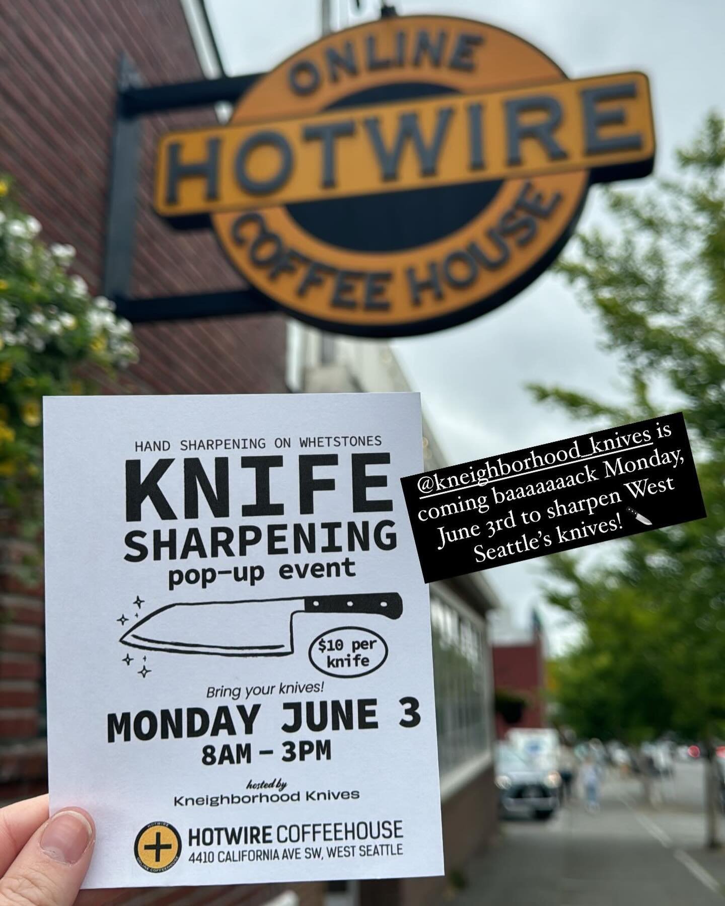 Mark your calendar for June 3rd, when @kneighborhood_knives returns for another knife 🔪 sharpening pop-up at @hotwirecoffee! ➕☕️

#hotwire #seattlecoffee #specialsofthemonth #hotwirecoffee #westseattle #coffeeholic #caffeine #igcoffee #icedcoffee #c