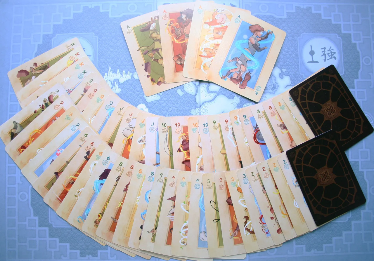 Deck of cards featuring characters from Avatar the Last Airbender and Legend of Korra. The 4 elements make up the 4 suits. Each card has a different character and it’s a playable poker deck.
