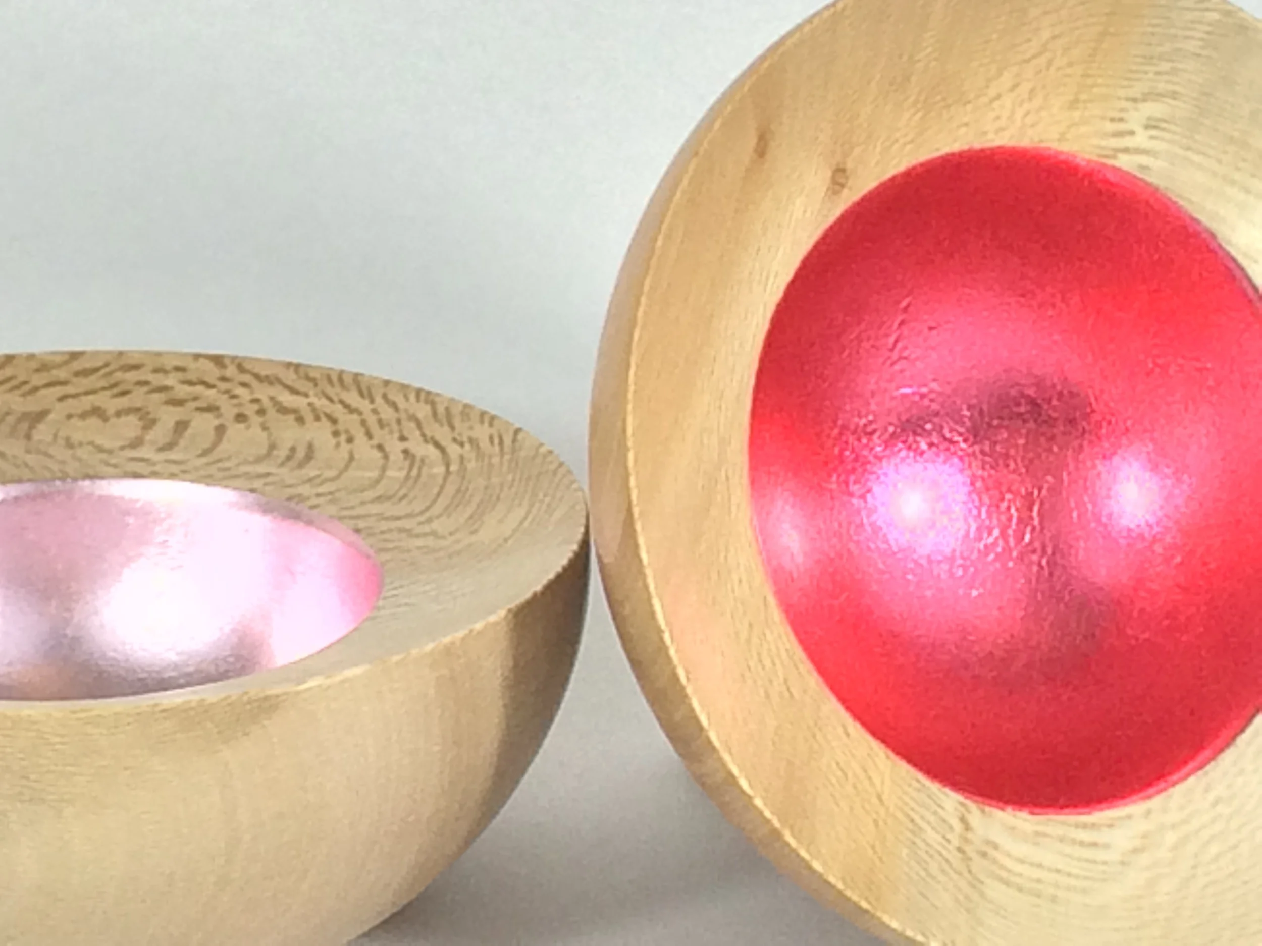 Pair of Lacewood Bowls With Japanese Coloured Silver Inners