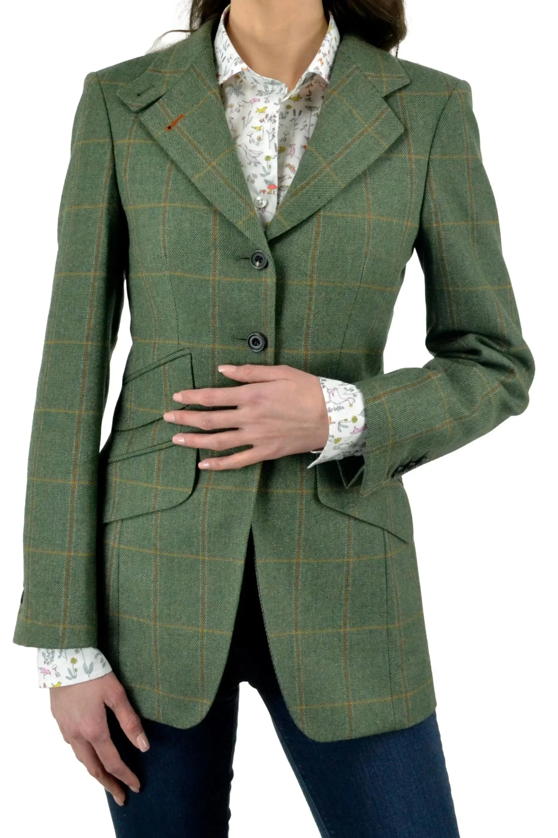 Ladies Three Button Saxony Lambswool Jacket, Olive with Gold