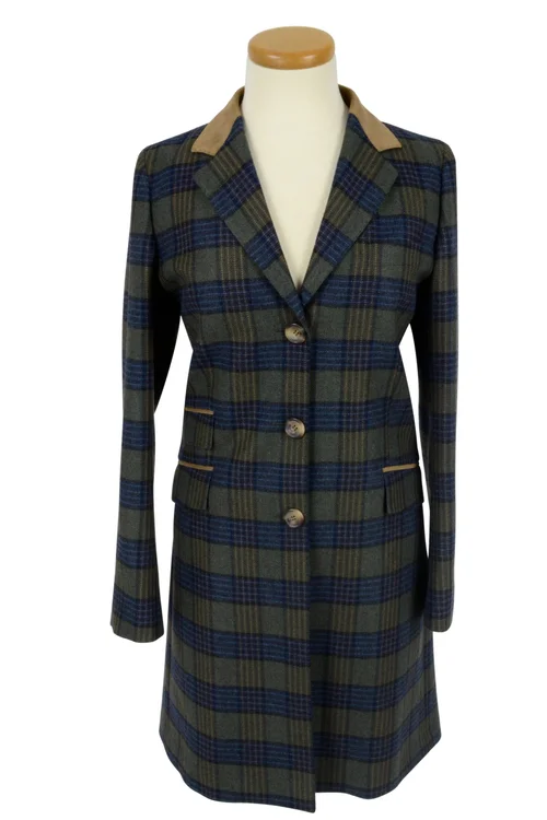Ladies' Long Jacket in Olive, Blue, and Tan Tweed — Rigden