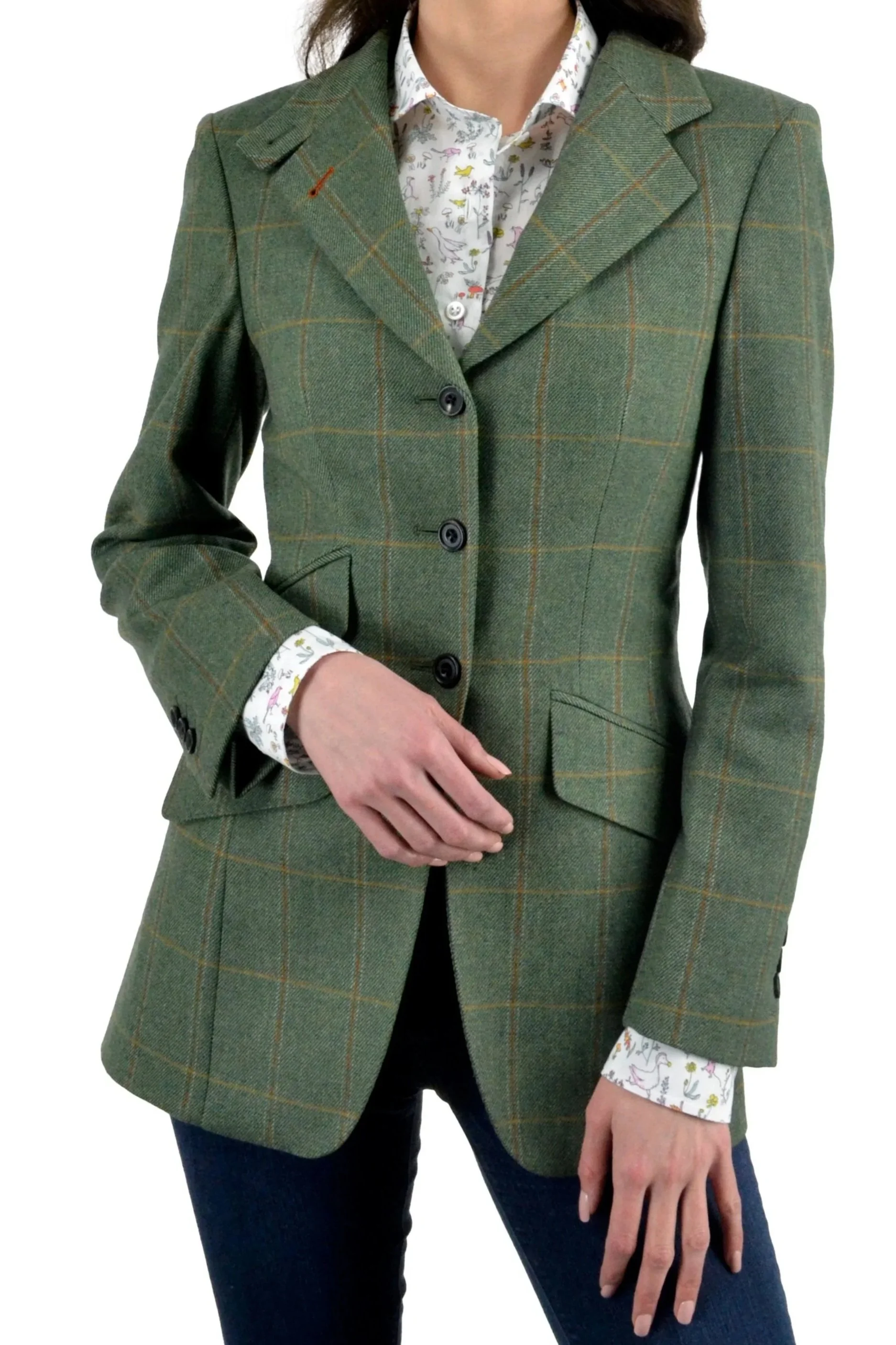 Ladies Three Button Saxony Lambswool Jacket, Olive with Gold