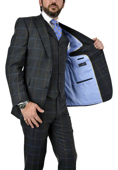 Three Piece Suit in Grey Tweed with Blue & Orange Windowpane  C.D. Rigden  & Son Country Classics