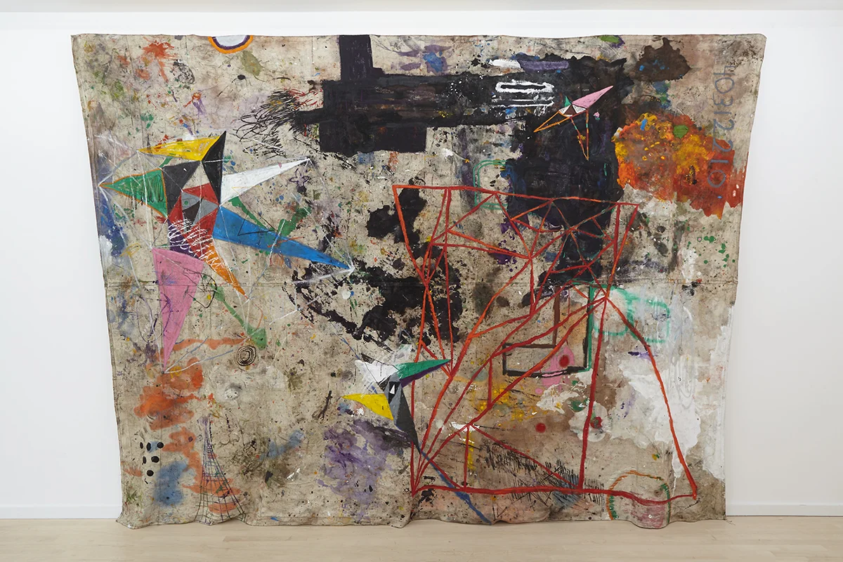 "Miracle Hour", 2013 - 14, Oil pigment stick, o il, acrylic, chili, semen, saliva on drop cloth, dimensions variable