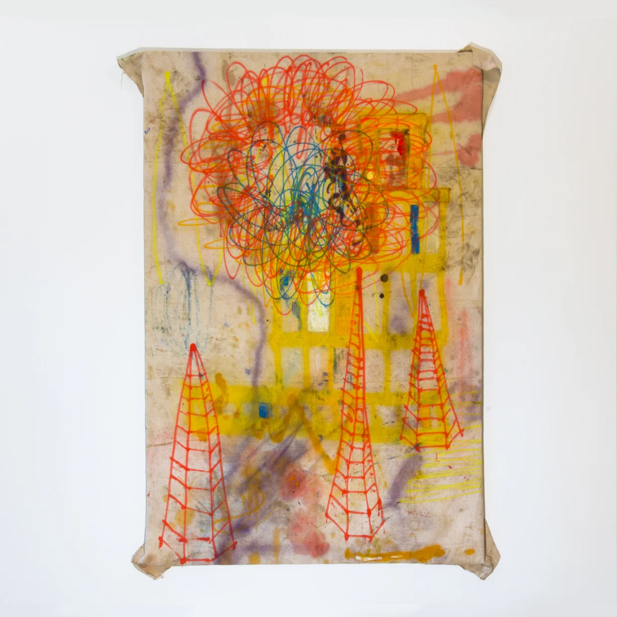 "Parallel Construction", 2014, Oil and spray paint on drop cloth, 64 x 47