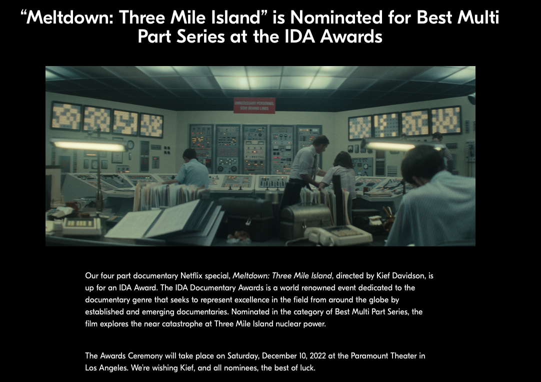 “Meltdown: Three Mile Island” is Nominated for Best Multi Part Series at the IDA Awards
