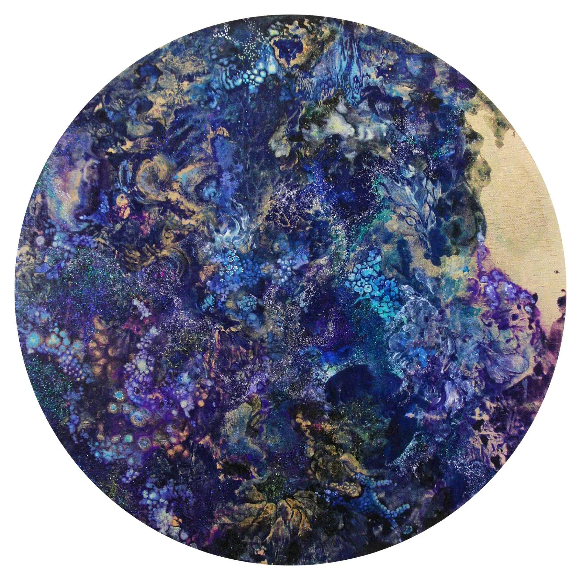 Microcosmos shan shui 2014 Acrylic and Metal powder on canvas 53cm diameter