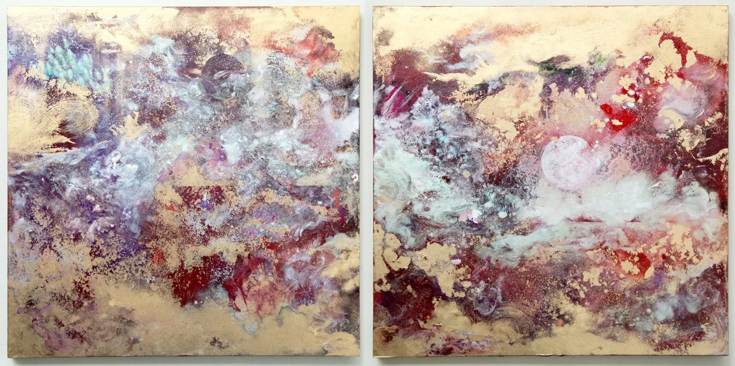 Two Moon ( RED) 2015 Acrylic and metal powder on board H41cm x W41cm each