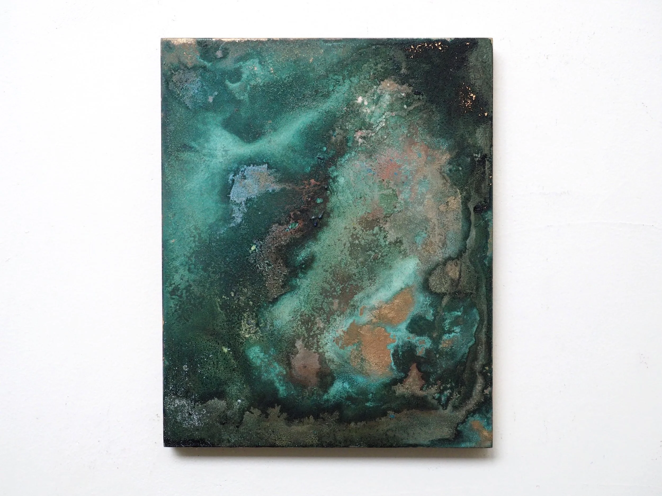 " The transience of Patina Paintings " 2016 Mineral pigment powder, Brass powder and soy-sauce on board H 27.3cm x W 22.0cm