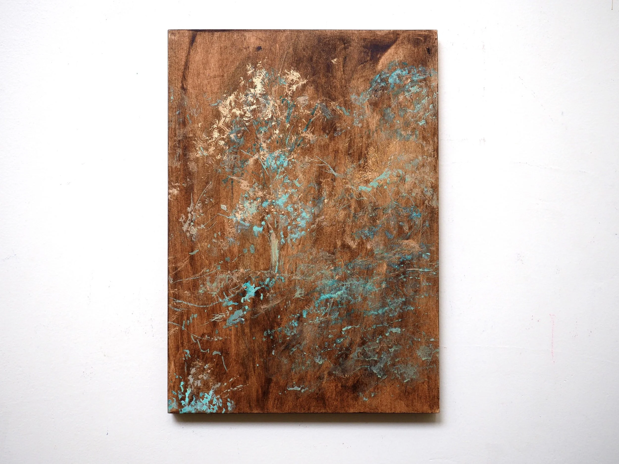 " The transience of Patina Paintings " COSMIC TREE / Brown 2017 Acrylic, Bronze powder and Ammonium chloride on board H 36.4cm x W 25.7cm
