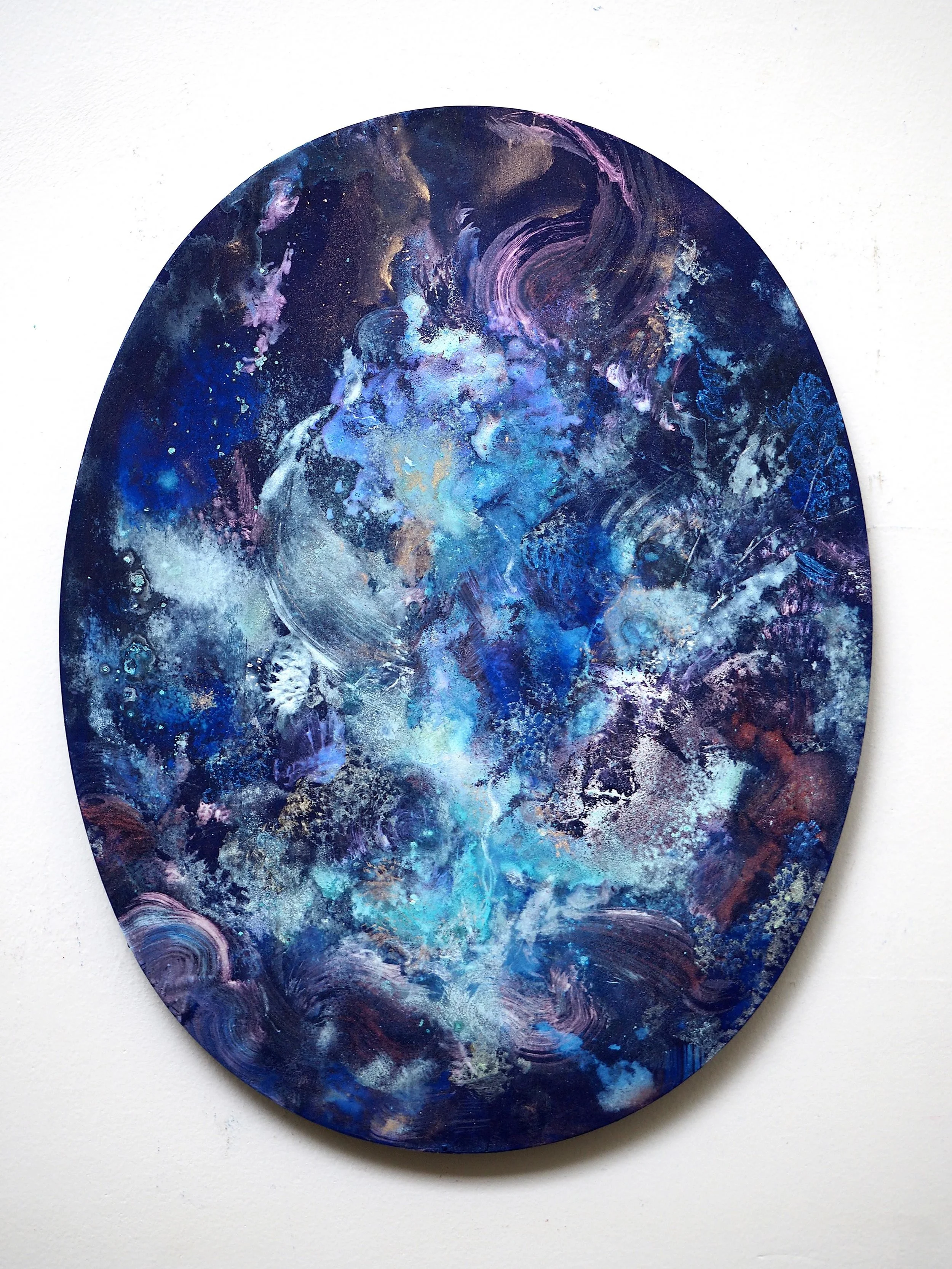 "2017SEP12VIEW 3" PATINA PAINTING 2017 Acrylic, Bronzeand brass powder and Ammonium chloride on elliptical wood panel H41cm x W32cm x D2cm