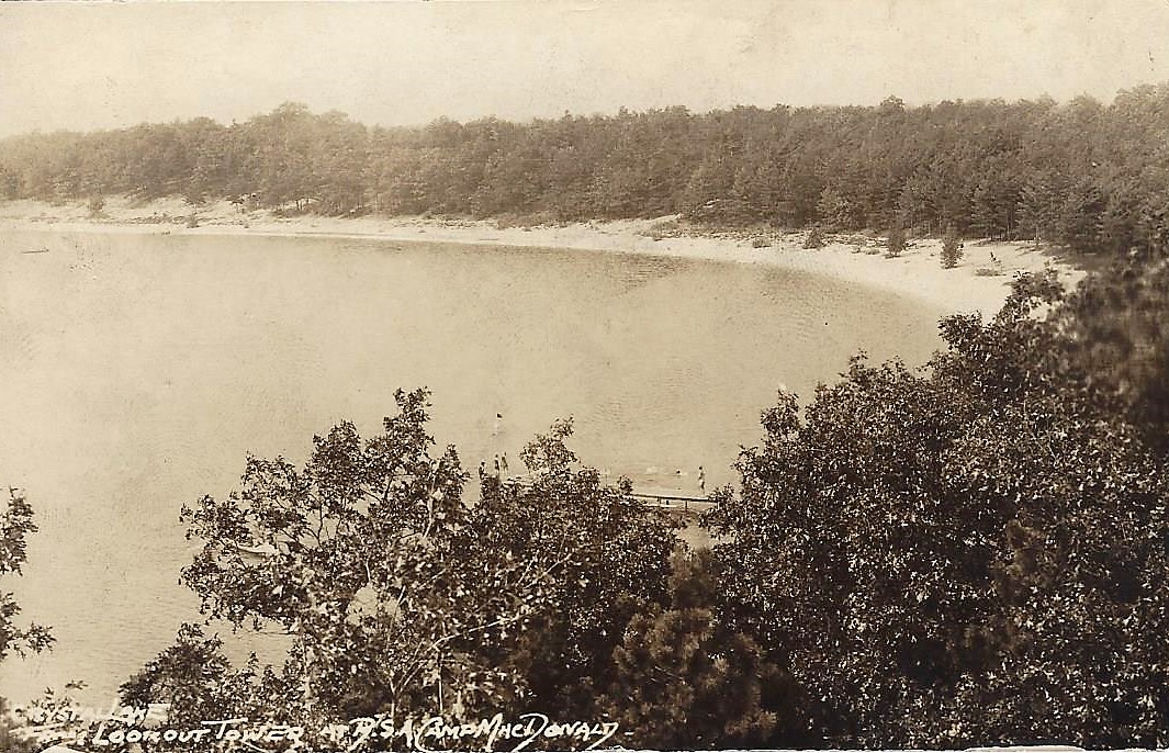 Camp McDonald (Stuart) Tower view of Crystal Lake Postcard 1934