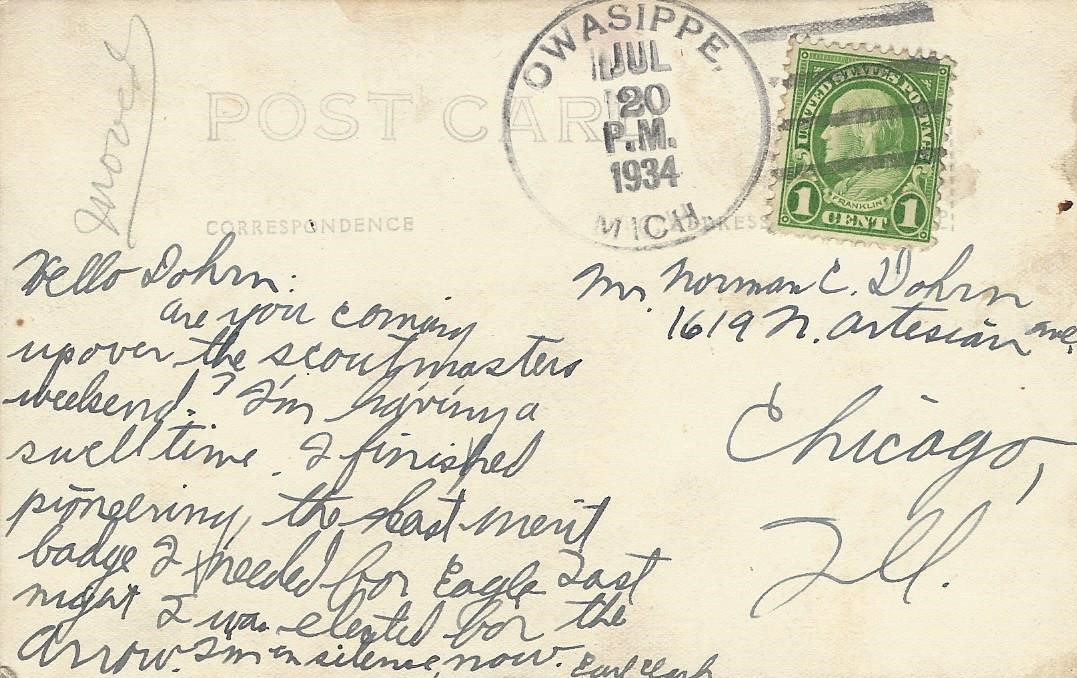 Crystal Lake Postcard Note 1924 (See entire message at bottom of this page)