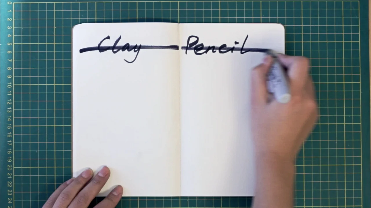 They didn't actually have a clay prototype to film, but we made sure to include it in the story. Simply writing out and striking through its name was enough to illustrate.