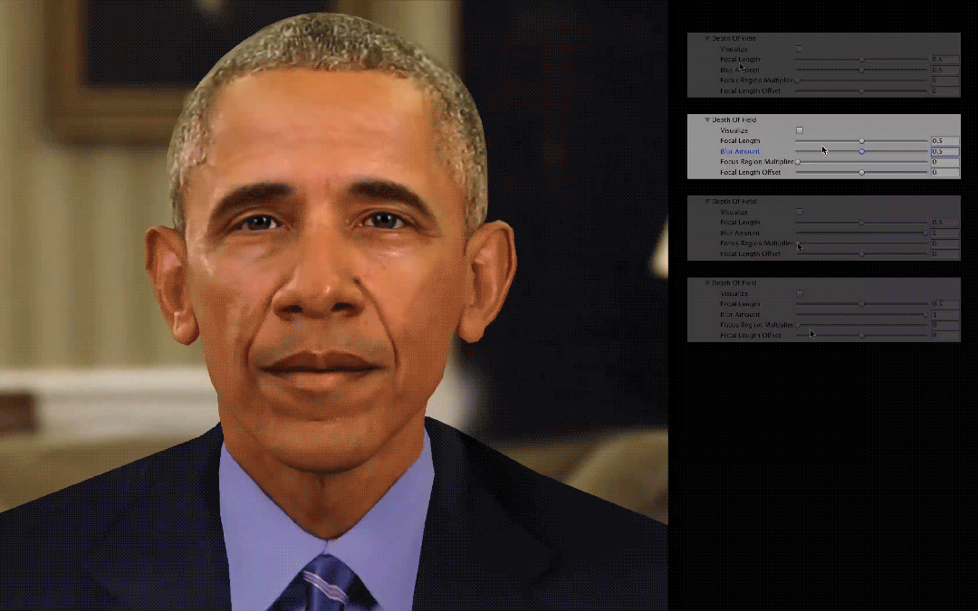 Blur Amount - Increases or decreases the amount of blur that the depth of field blurring has.